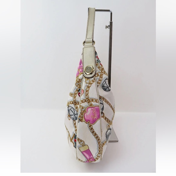 Gucci White Satin Charmy Chain Printed Hobo Bag. Authentic. - Picture 3 of 16